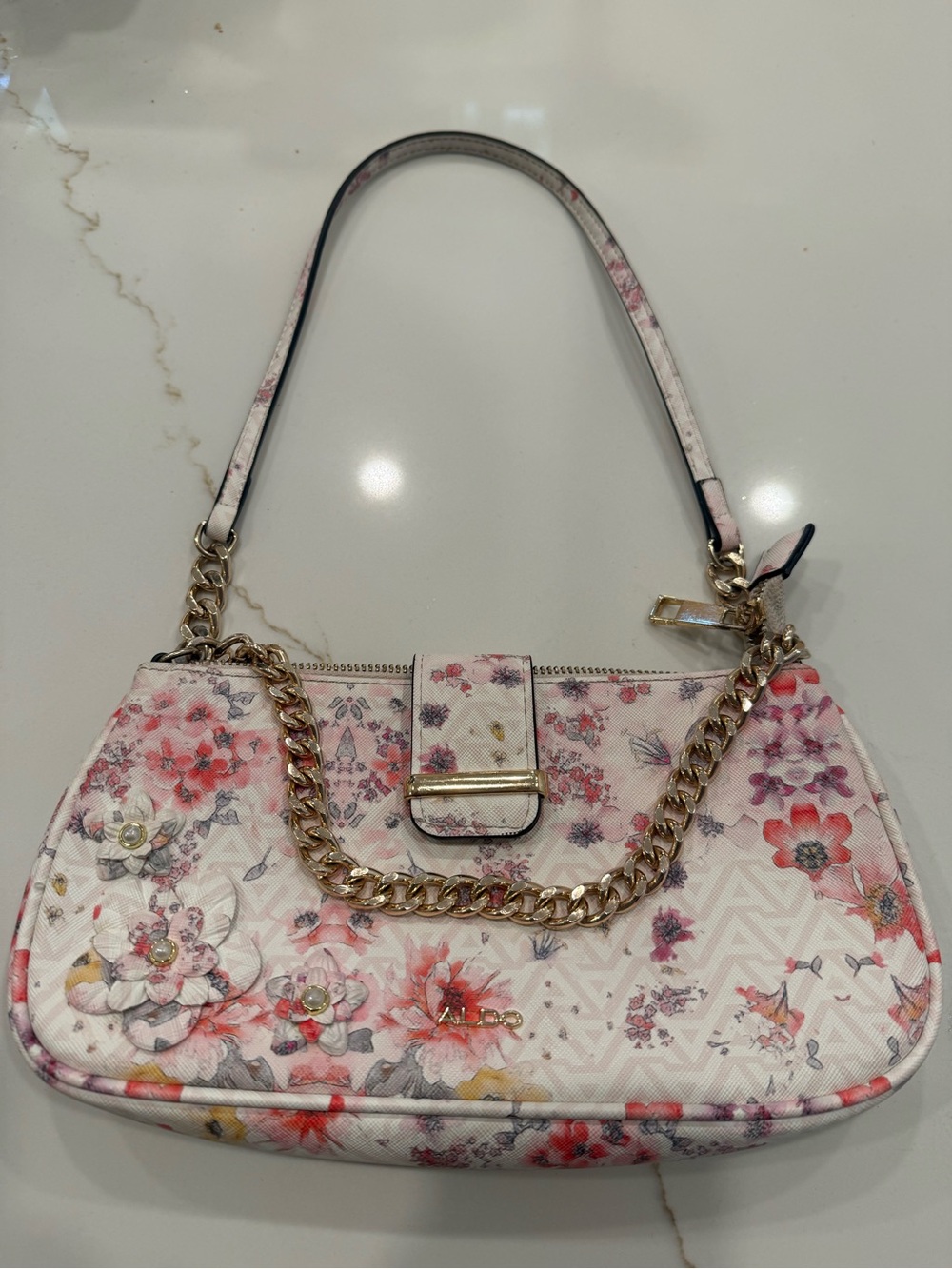 Aldo Floral Pink & White Shoulder Bag with Gold Chain